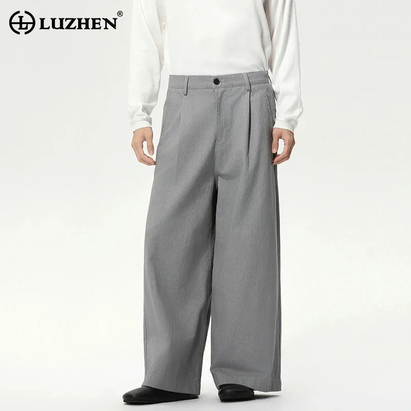 

LUZHEN 2025 New Original Fold Design Loose Straight Trousers Men Stylish High Quality Solid Color Winde Leg Casual Pants JY5186