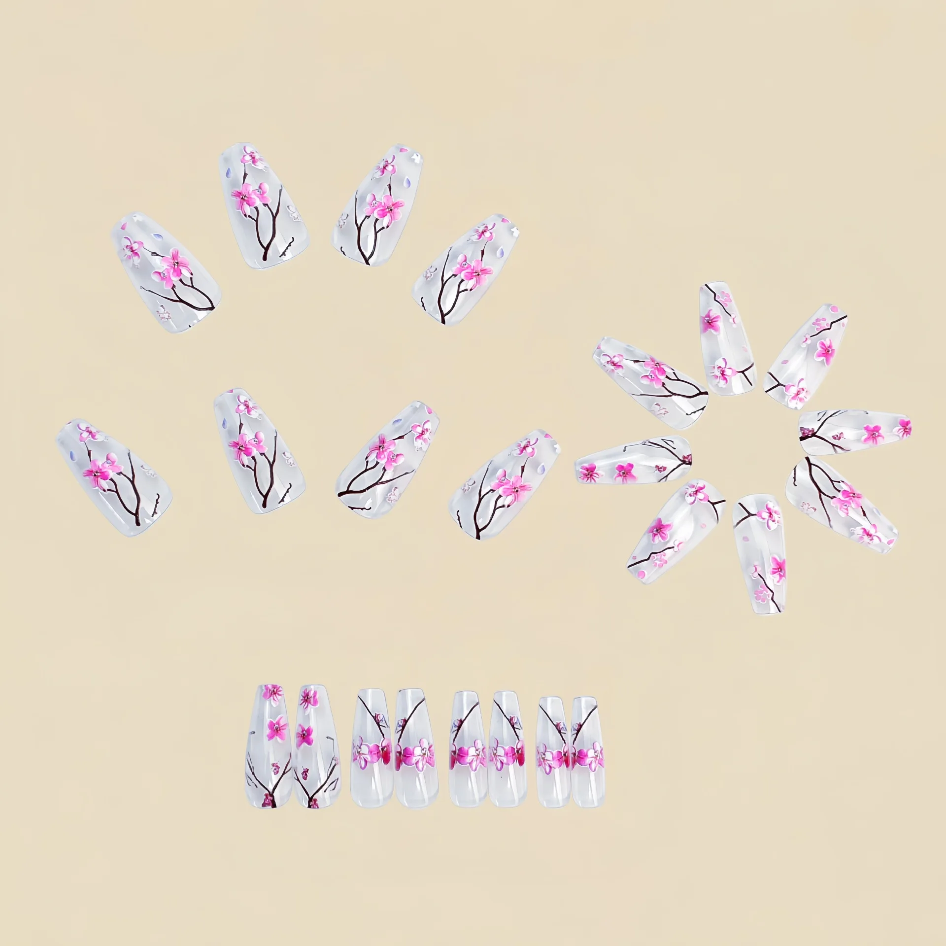 Medium long fake nails for women girls half clear nail tips pink flowers design ballet shape full cover reusable press on nails