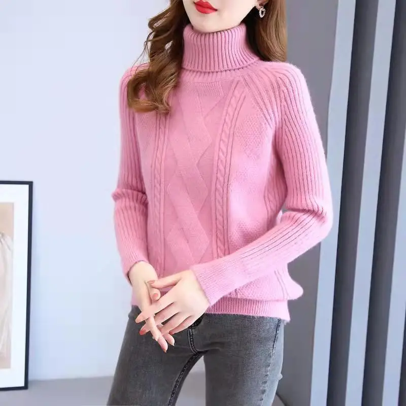 Autumn And Winter New Fashion Highnecked Thick Sweater Ladies Slim Solid Color Joker Knit Loose Comfortable Warm Bottoming Shirt