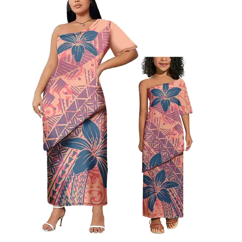 맞춤형 폴리네시아 디자인 가족 매칭 의류, 사모아 풀레타시 엄마와 나 원피스, 저렴한 가격, 2 피스 세트 도매
