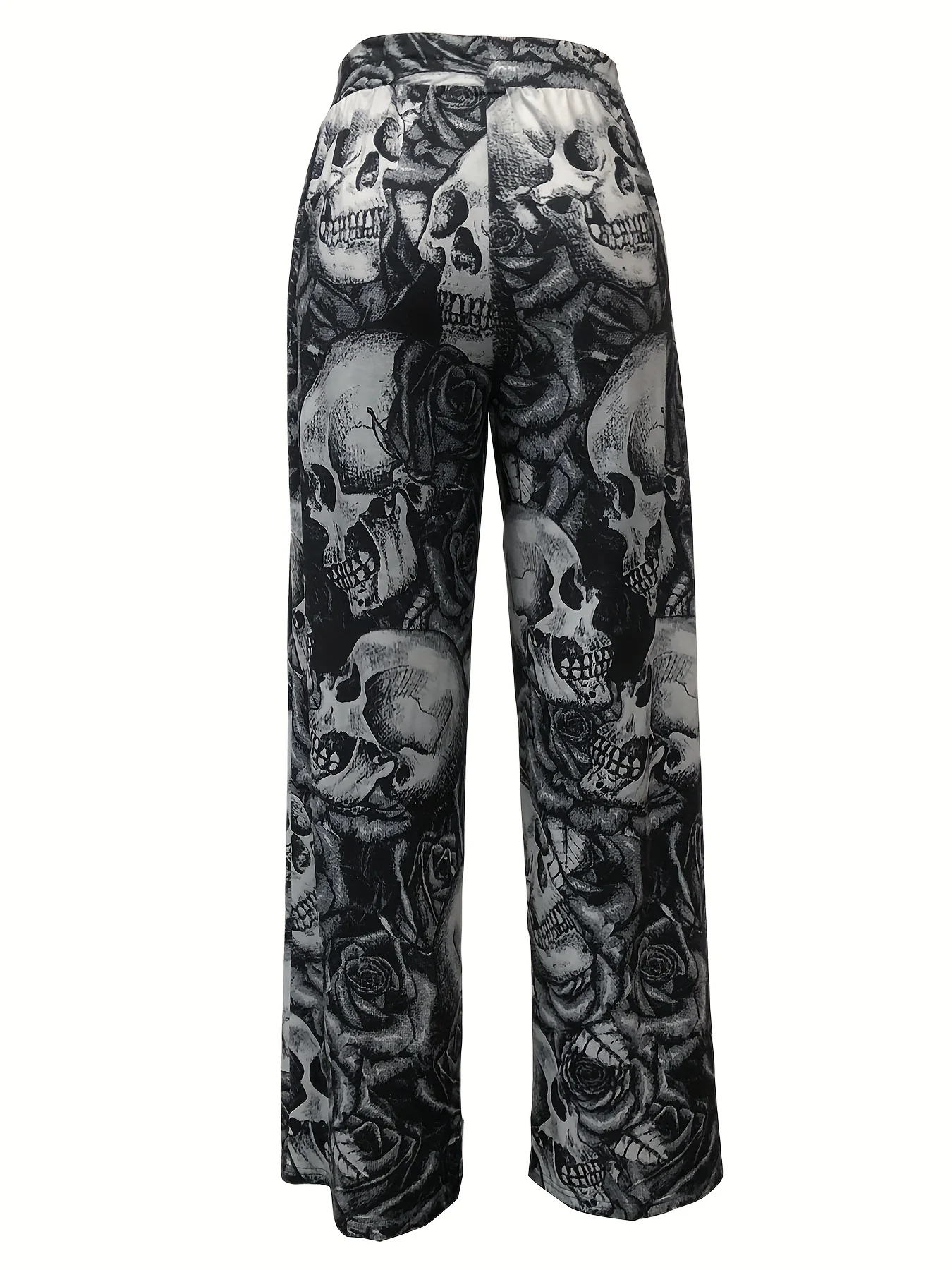 Kobiety Gothic Style Skulls Printed Wide Leg Pants With Pockets Ladies High Wiats Full Length Pants Ladies Chic Wide Leg Pants