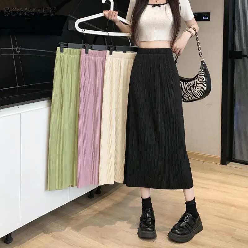 

Skirts Women Minimalist Pure Side-slit Leisure Summer All-match Empire Tender Fashion New Korean Style Midi Faldas Ladies Design