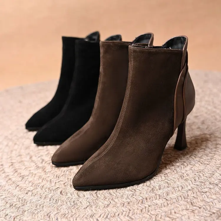 

Остроносые облегающие ботильоны на высоком каблуке с боковой молнией для женщин, новинка 2026 года, универсальные облегающие ботинки с комбинированным дизайном