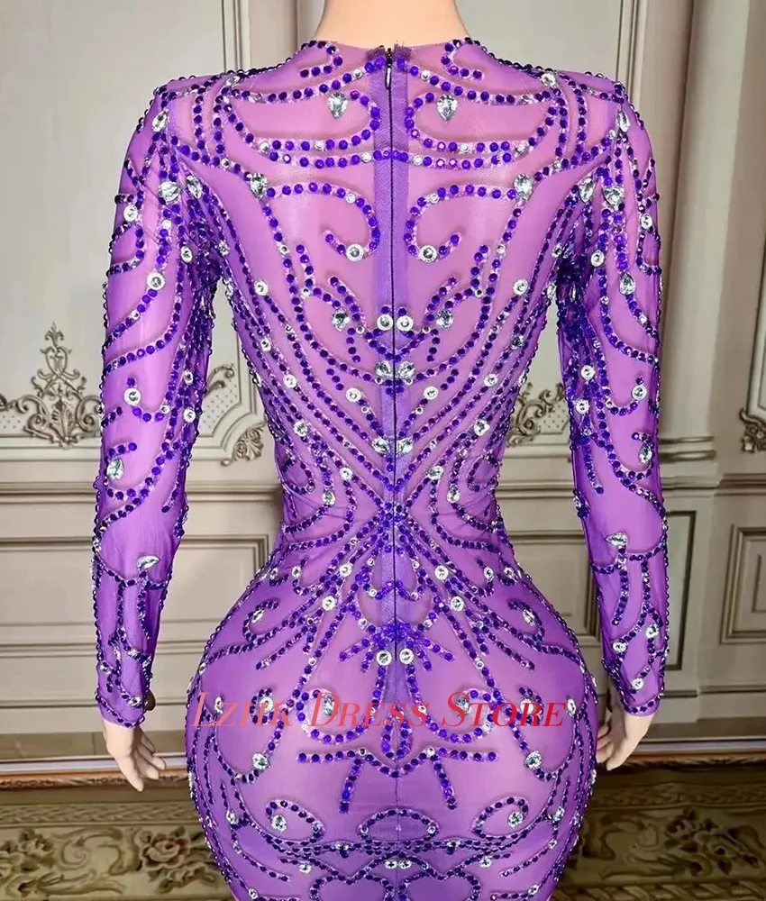 カスタムメイドの高級ジャージーストレートクリスタルビーズ刺繍イブニングドレス高品質長袖Oネック女性用イブニングドレス