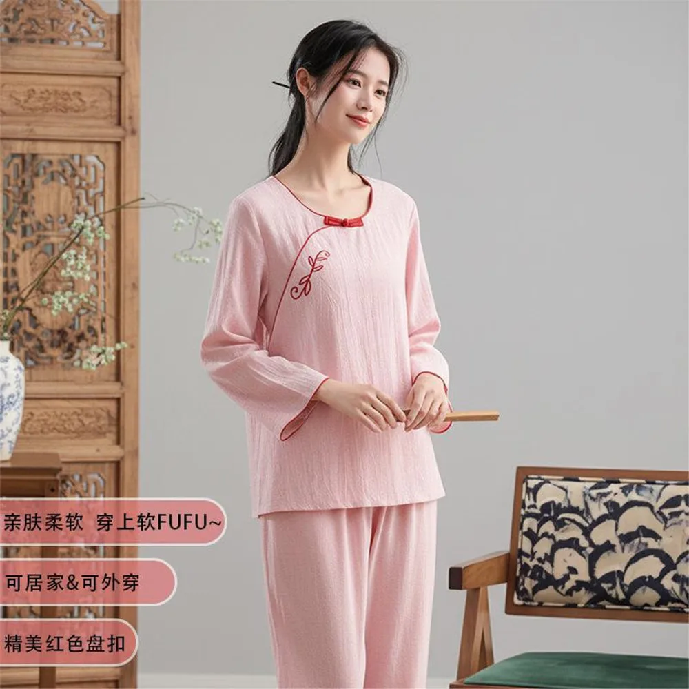 Spring and Summer Chinese Style Cotton Loose Solid Color Long Sleeve Pullover Pants Pajama Set for Women Sleepwear