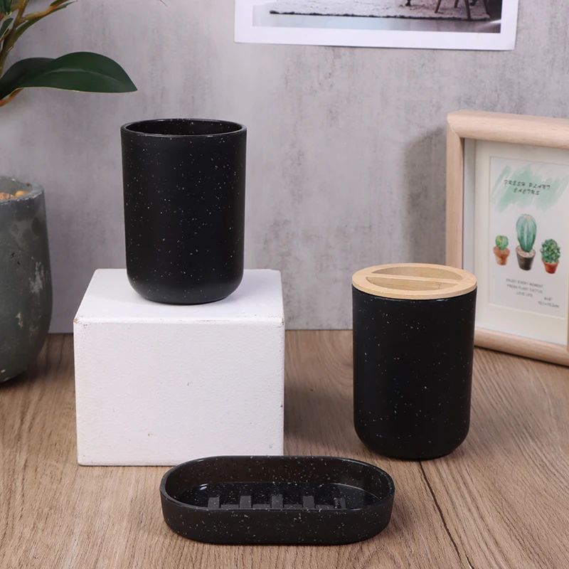 1Pc Black Bathroom Accessories Plastic Toothbrush Holder With Bamboo Cover Toothbrush Cup Lotion Dispenser Soap Box