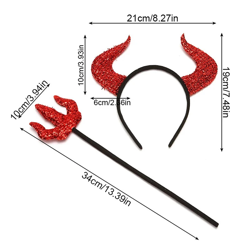 2 unids/set Halloween cuerno de buey diadema tenedor conjunto accesorios de disfraz de fiesta muletas del diablo Cosplay demonio divertido tocado rojo Decoración