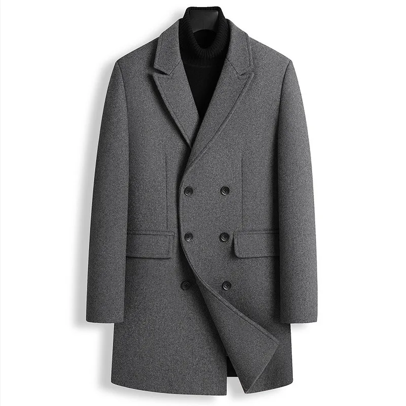 

Cross-Border Men's Wool Long Over-The-Knee Korean Style Double-Breasted Cashmere Trench Winter Thickened Solid Color Coat