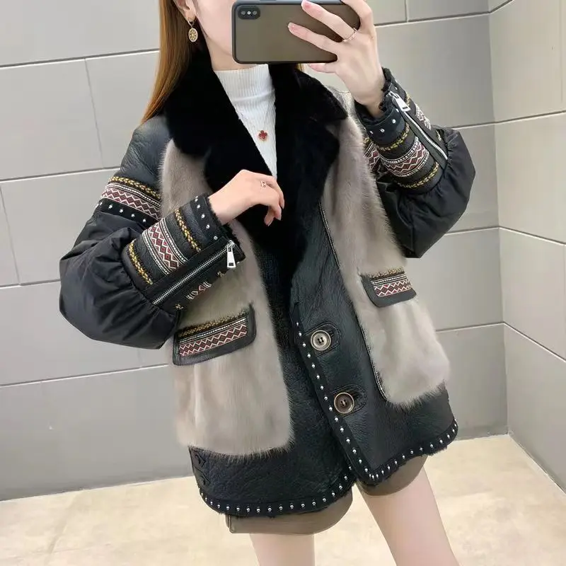 Fashion Mink Fur Coat Women Winter 2024 New Medium To Long Parker Coat Korean Loose Stitching Fur Cotton-Padded Jacket Female