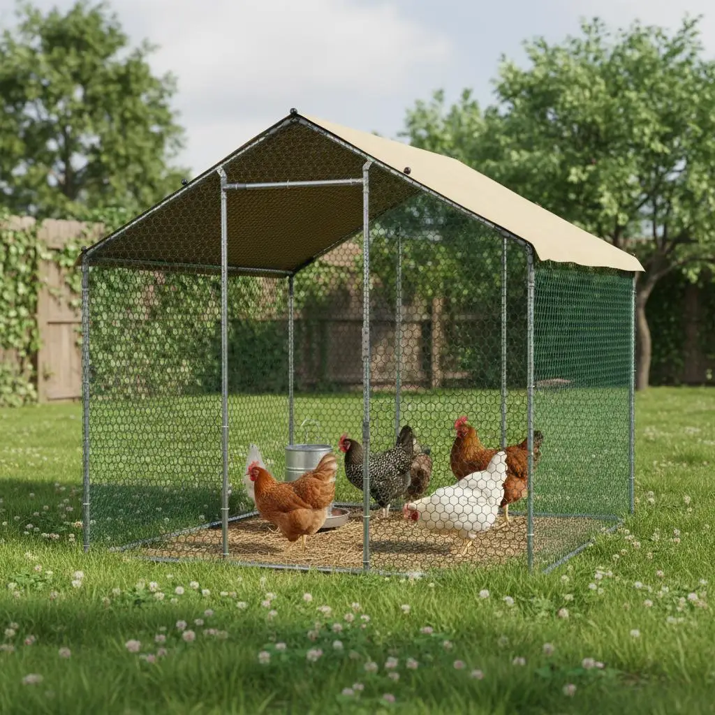

Chicken Coop 6.56x6.56x6.56ft For Backyard Farm Yard, Spire Roof Design Security Lock Steel Construction, Space for Poultry D