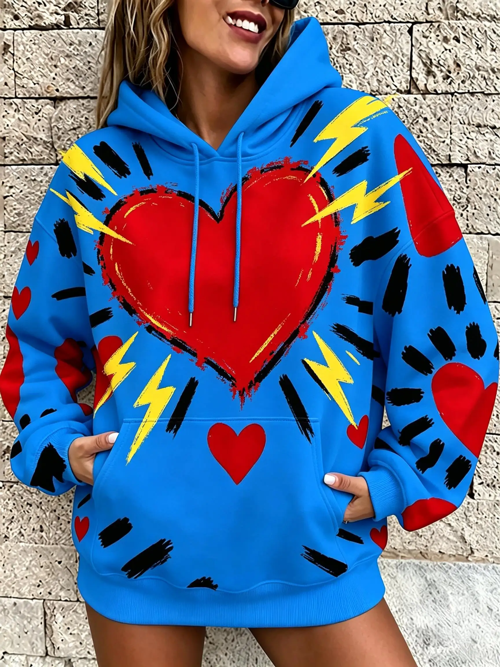 Ladies Fleece Hooded Sweatshirt Abstract Doodle Full Print, Vibrant Hand Painted Graphic Oversized Pullover Hoodie