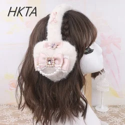 Handmade Japanese Sweet Girls Earmuffs New Winter Japanese Mines Series Hairy Love Bow Rhinestone Warm Kawaii Earmuffs Women