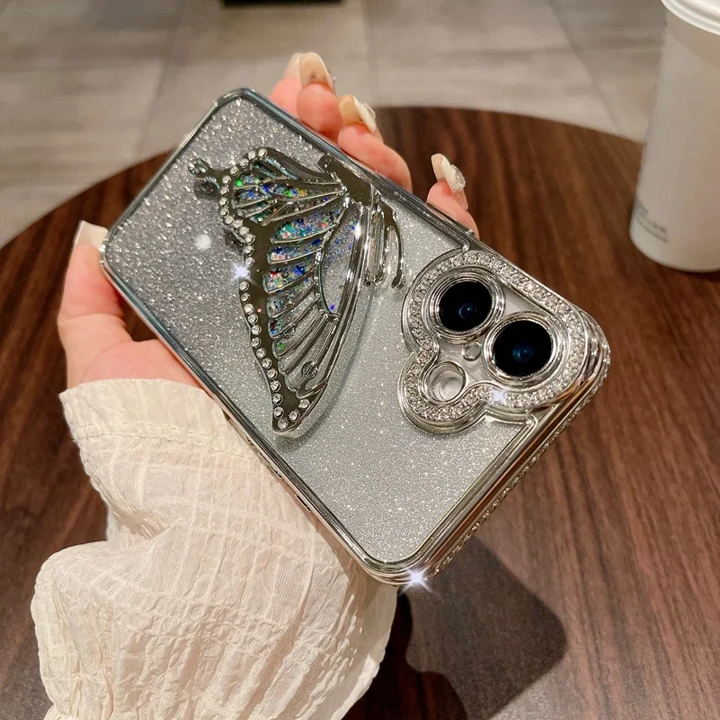 Luxury 3D Butterfly Case for iPhone 17 Air 16 15 13 12 11 14 Pro Max Plus Bling Diamond Glitter Plating Soft Back Cover Funda