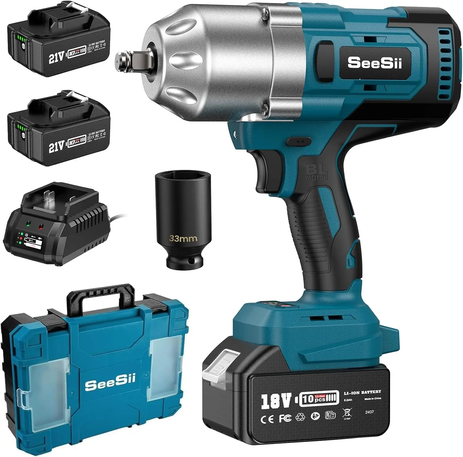 

Seesii WH800 1300NM Cordless High Torque 1/2 Impact Wrench 960Ft-lbs Brushless Impact Gun Kit with Friction Ring 2x 5.0Ah