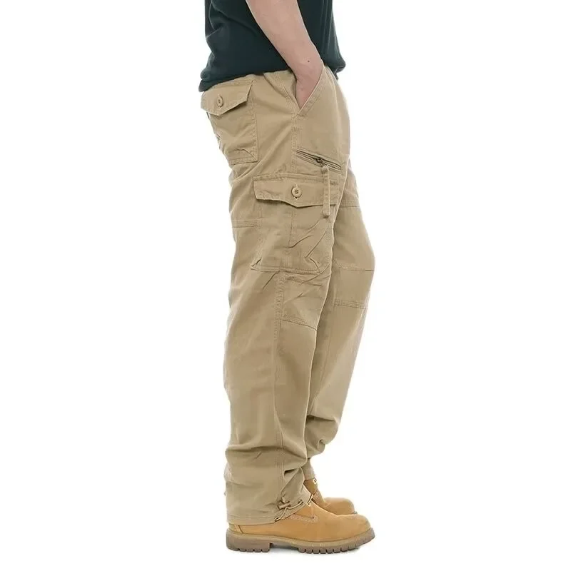 Pantalones Cargo de elasticidad más alta para hombre, ropa de trabajo holgada y recta, pantalones deportivos informales con muchos bolsillos