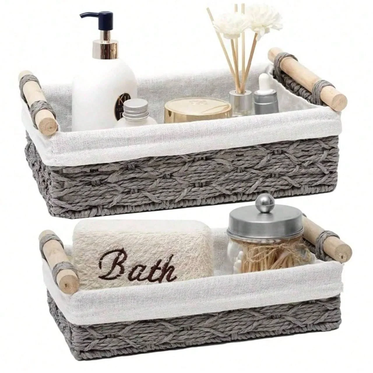 Set Of 2 Storage Basket Wicker Baskets For Organizing With Handle Decorative Storage Bins For Countertop Toilet Paper Storage Ba