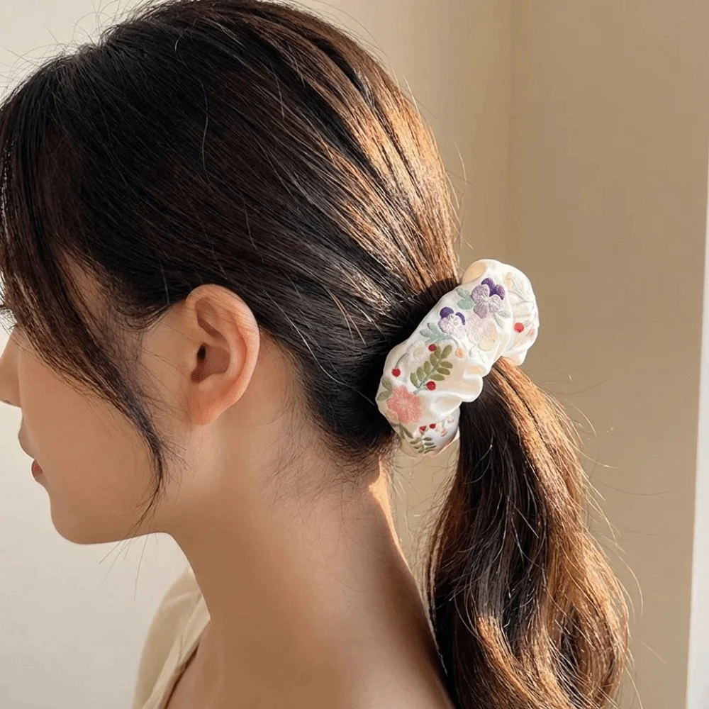 

Colorful Floral Scrunchies French Style Satin Embroidery Hair Scrunchies Oversized Ponytail Holder Hair Ropes Hair Accessory