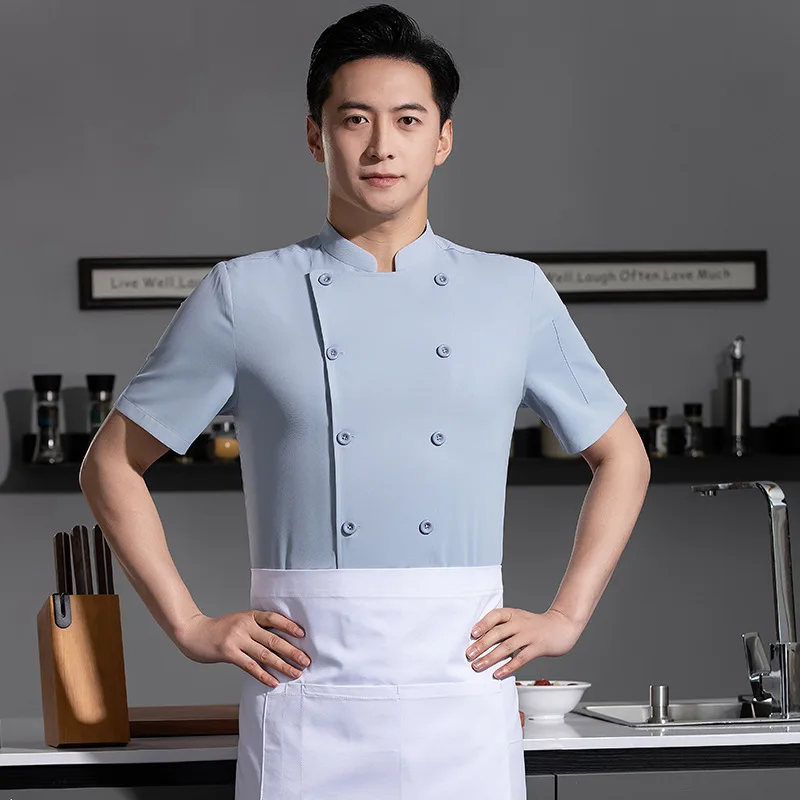 

Светло-голубая униформа повара с короткими рукавами для мужчин и женщин, летняя, тонкая, двубортная, для кондитеров, в наличии.