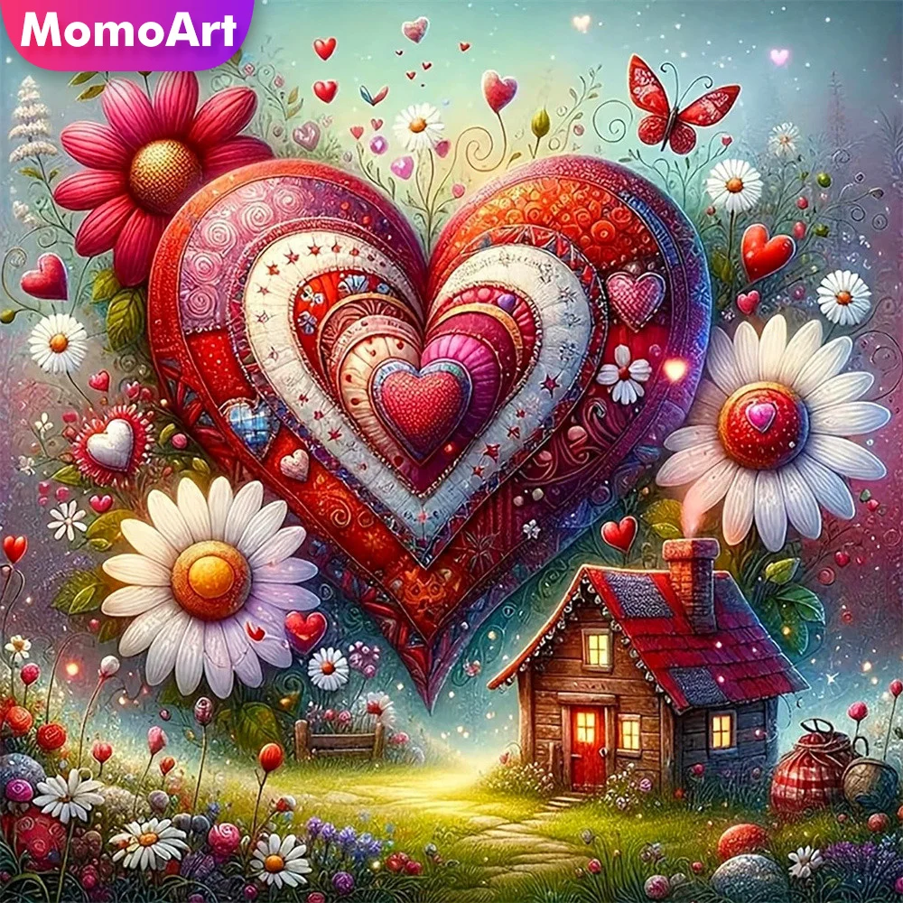 Momoart Diamant-Mosaik Liebesherz Strass-Bild Stickerei Gänseblümchen Vollquadrat Rund Malerei Haus Bastelset Wanddekoration