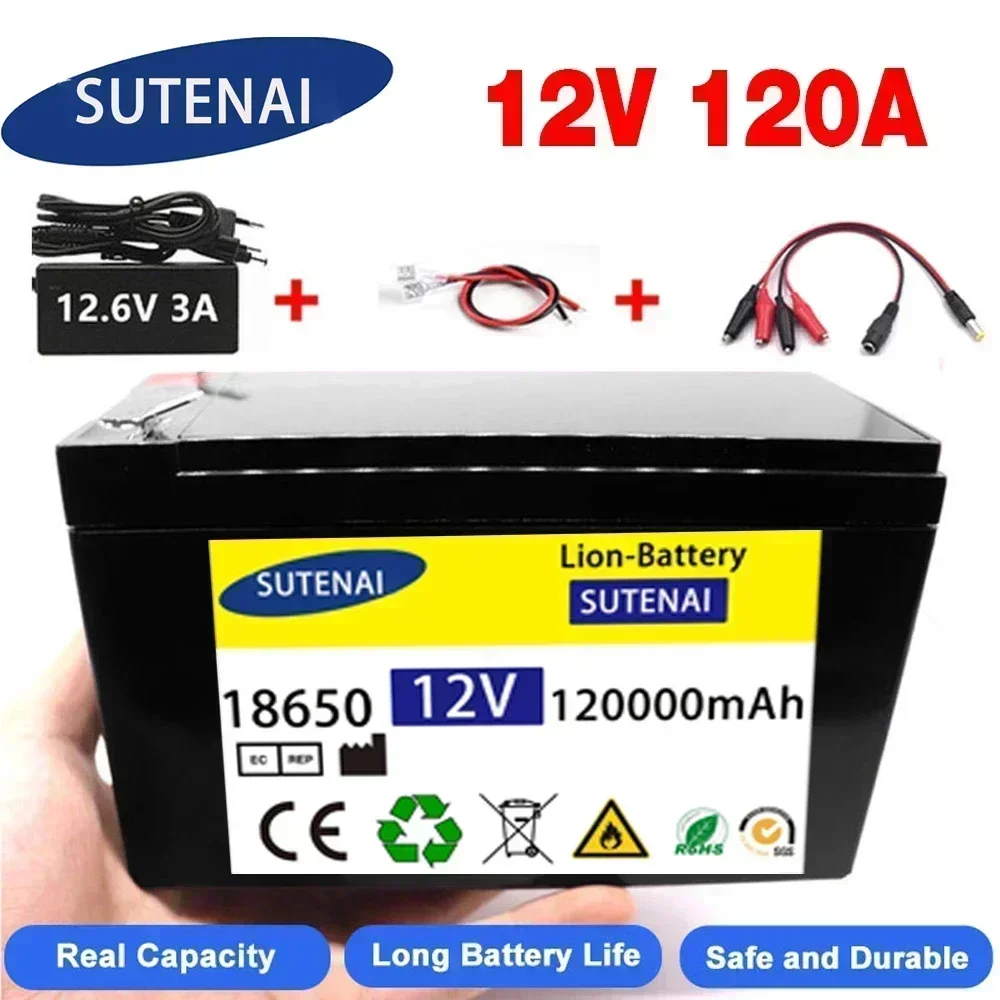 12V 120Ah 120000 mAh 18650 แบตเตอรี่ลิเธียม 30A sprayer Built-in high current BMS แบตเตอรี่รถยนต์ไฟฟ้า + 12.6V Charger