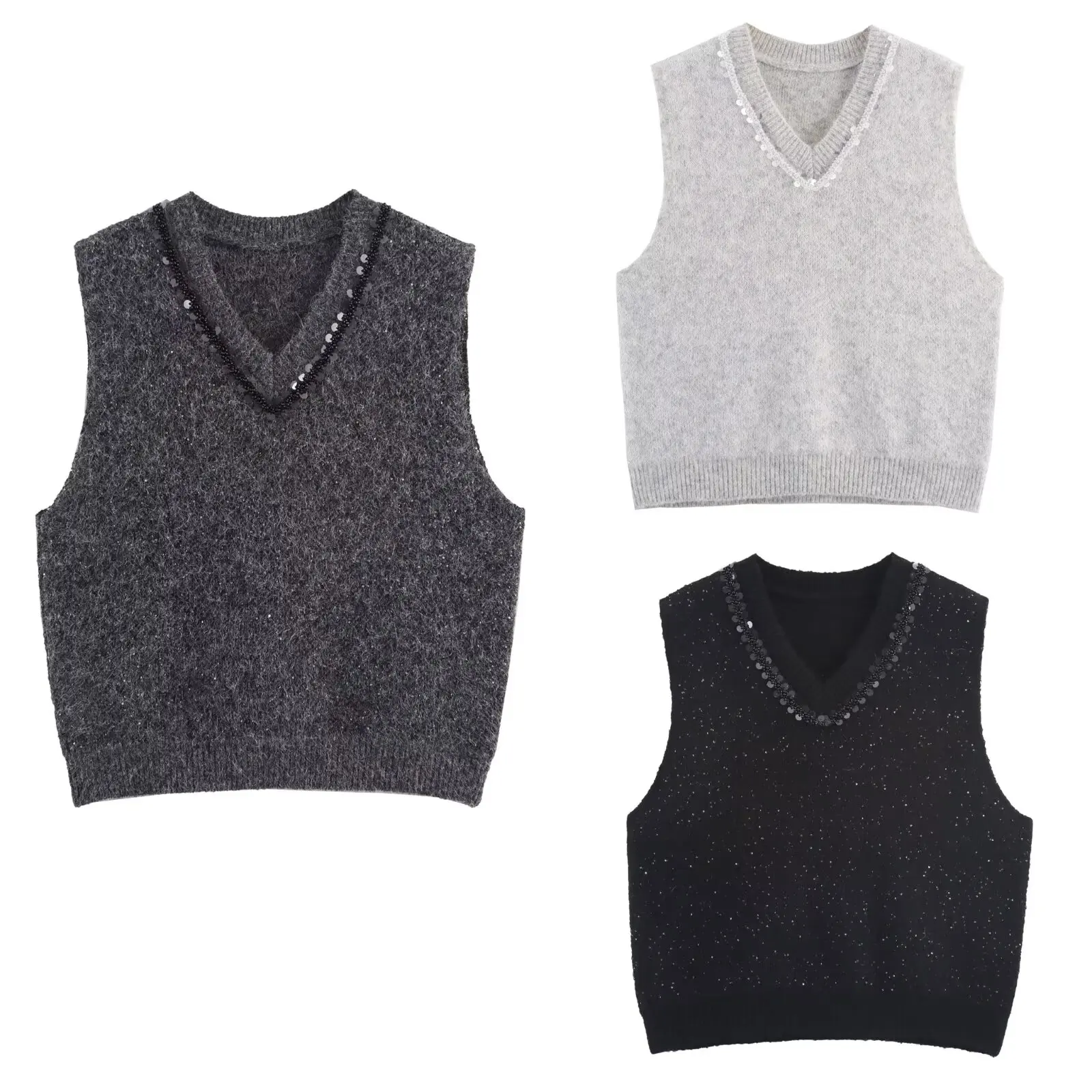 

MYST&ZA Women's Autumn New Collection Collar Beaded Glitter Decoration Casual Elegant V-neck Sleeveless Knitted Tank Top