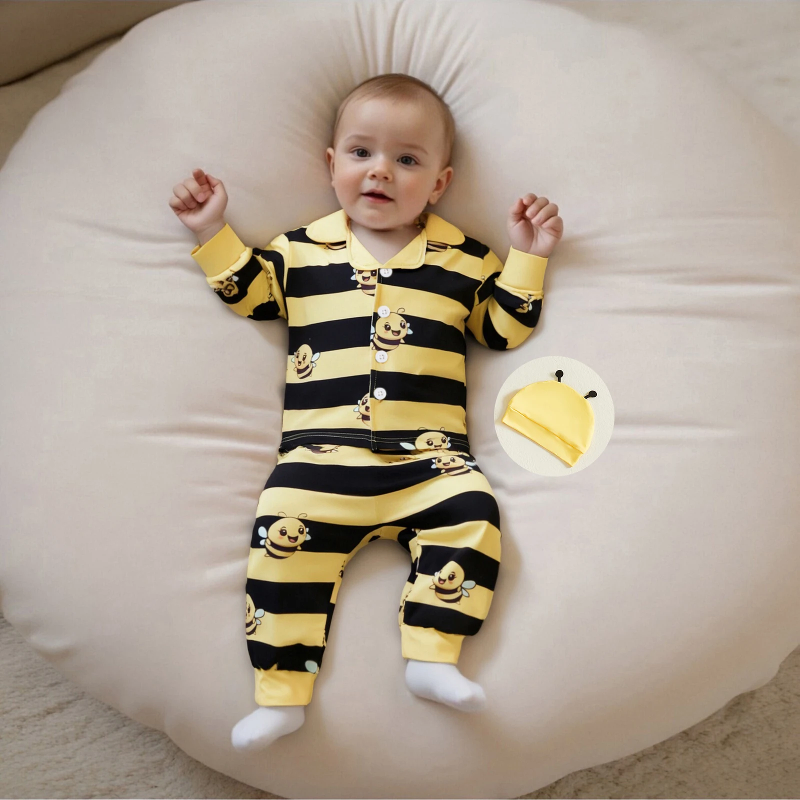 

Одежда для малышей, наряды для мальчиков, отложной воротник с длинными рукавами, на пуговицах, топы в полоску с рисунком пчелы, комплект одежды со штанами и шапкой