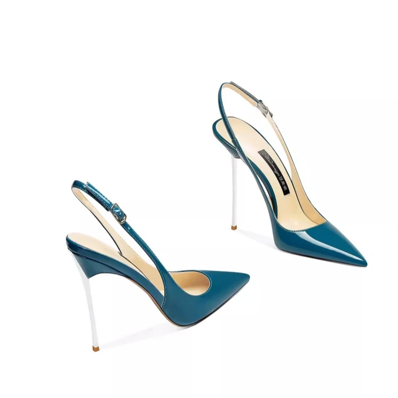 Sapatos simples em PVC com salto alto para mulheres, boca rasa pontiagudos, couro laqueado, sandálias finas para vestidos de banquete, grandes e pequenos, primavera e verão