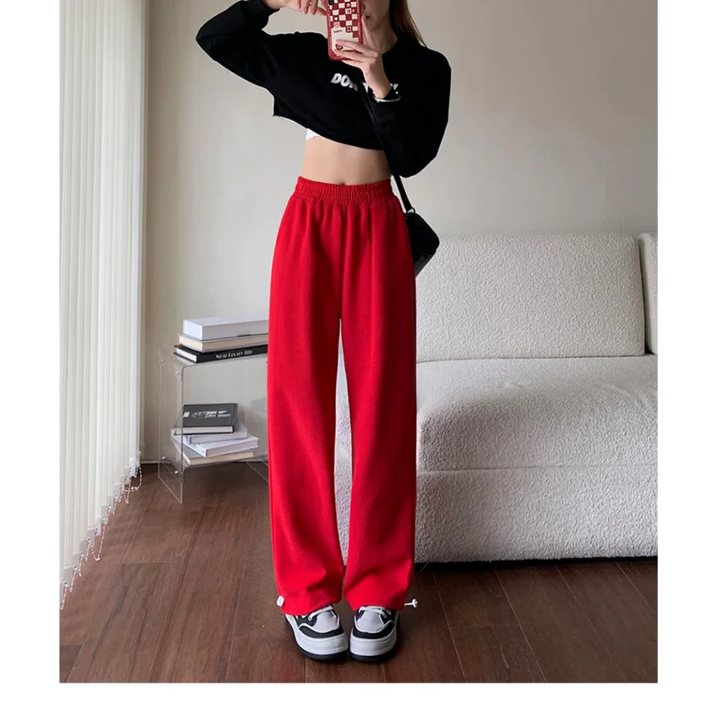 

Women's Bottoms Red Drawstring Sweatpants Casual High Waist Straight Mopping Pants Fashion Baggy Wide Leg Trouser Ladies Autumn