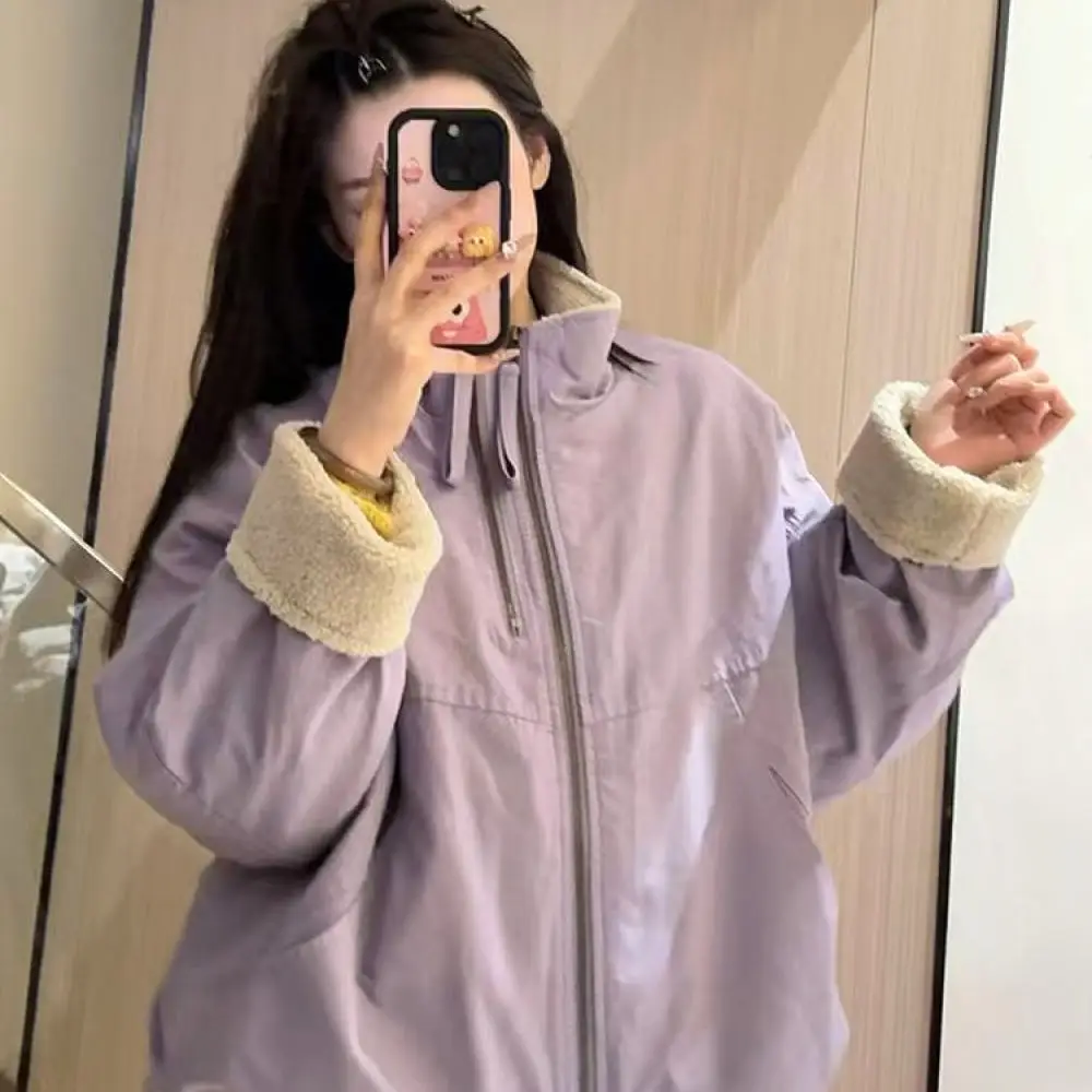 Womens Winter Short Parka Jacket Lamb Wool Lining Thick Warm Loose Casual Zipper Fashion Commuter Style Coat