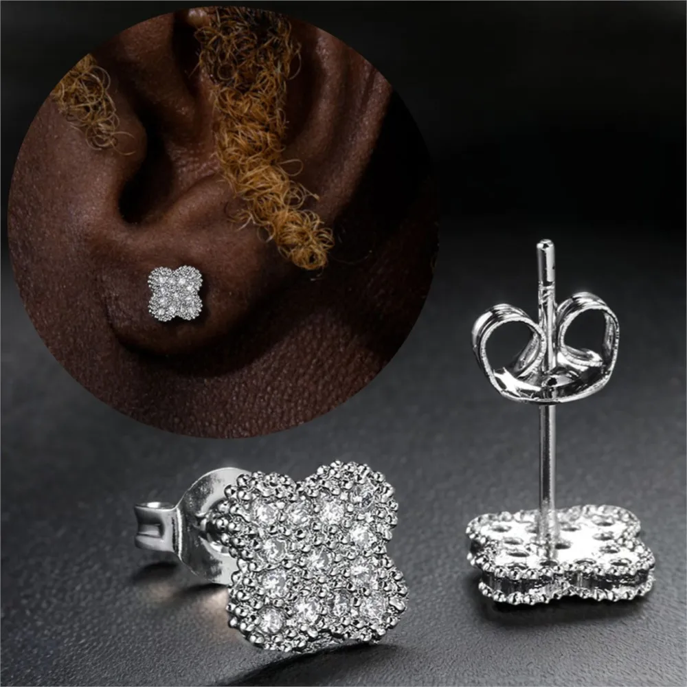 Shiny Four Leaf Clover Petal Earrings For Women Men Hip-hop Iced Out CZ Silver Color Stud Earings Accessories Ear Jewelry Gifts