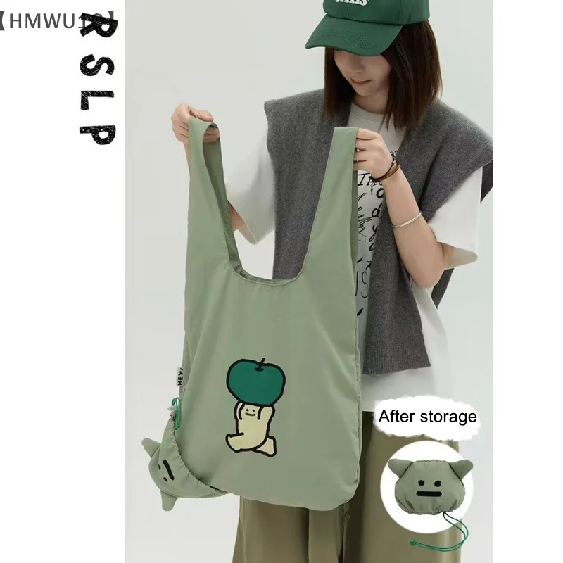 

Экологичная зеленая сумка для хранения большой вместимости с мультяшным принтом, модная и легкая для покупок или путешествий