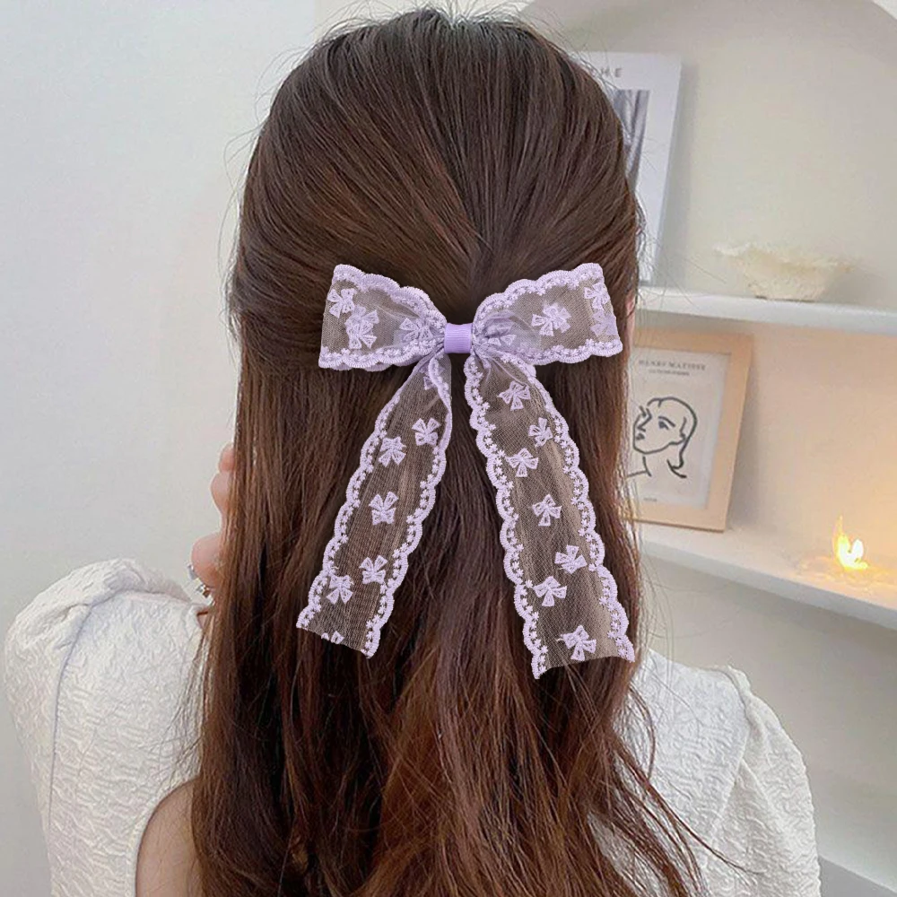2Pcs Lace Bow Hair Clips Purple Embroidered Floral Hairpins For Women Girls Wedding Bridal Party Headdress Accessories Headwear