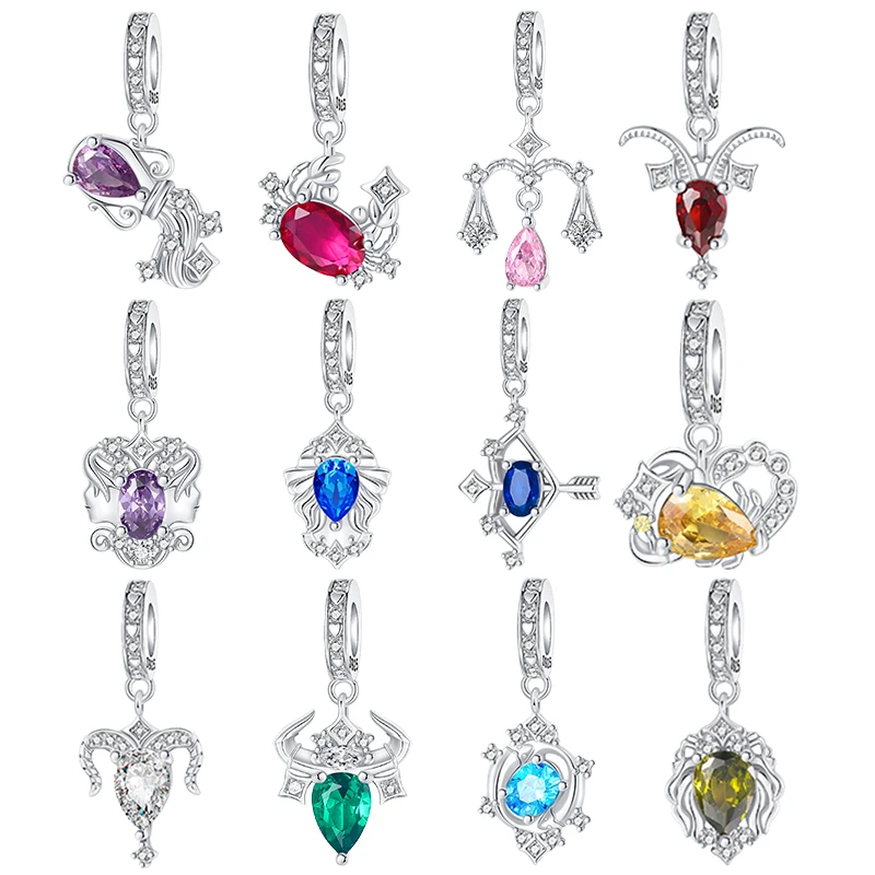 925 Sterling Silver January-December Birthday Stone Love Zircon Pendant Bead Fit Charms Necklace Bracelet Women Jewelry DIY Gift