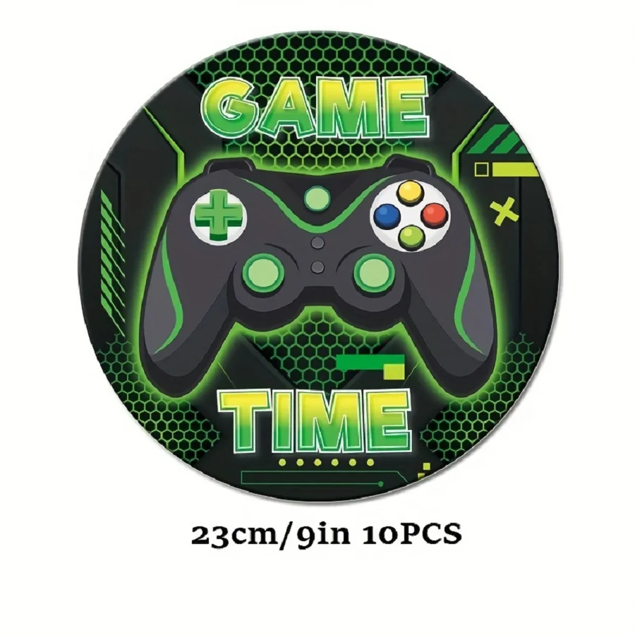 1/10pcs Green Game Theme Birthday Party Decoration Tableware Singles Paper Plates Paper Cups Paper Towels Pull Flags Tableware