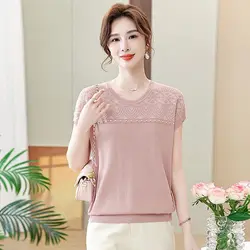 Summer New Ice Silk Short-sleeved T-shirt for Women Jacquard Round Neck Slim Loose Casual Western-style Wear Thin Top