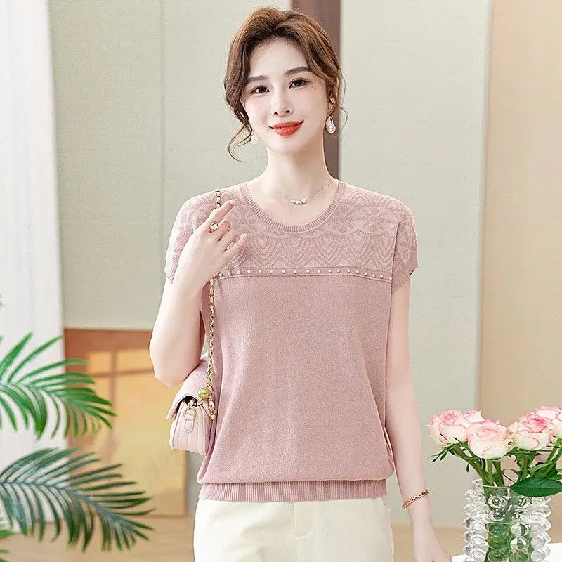 Summer New Ice Silk Short-sleeved T-shirt for Women Jacquard Round Neck Slim Loose Casual Western-style Wear Thin Top