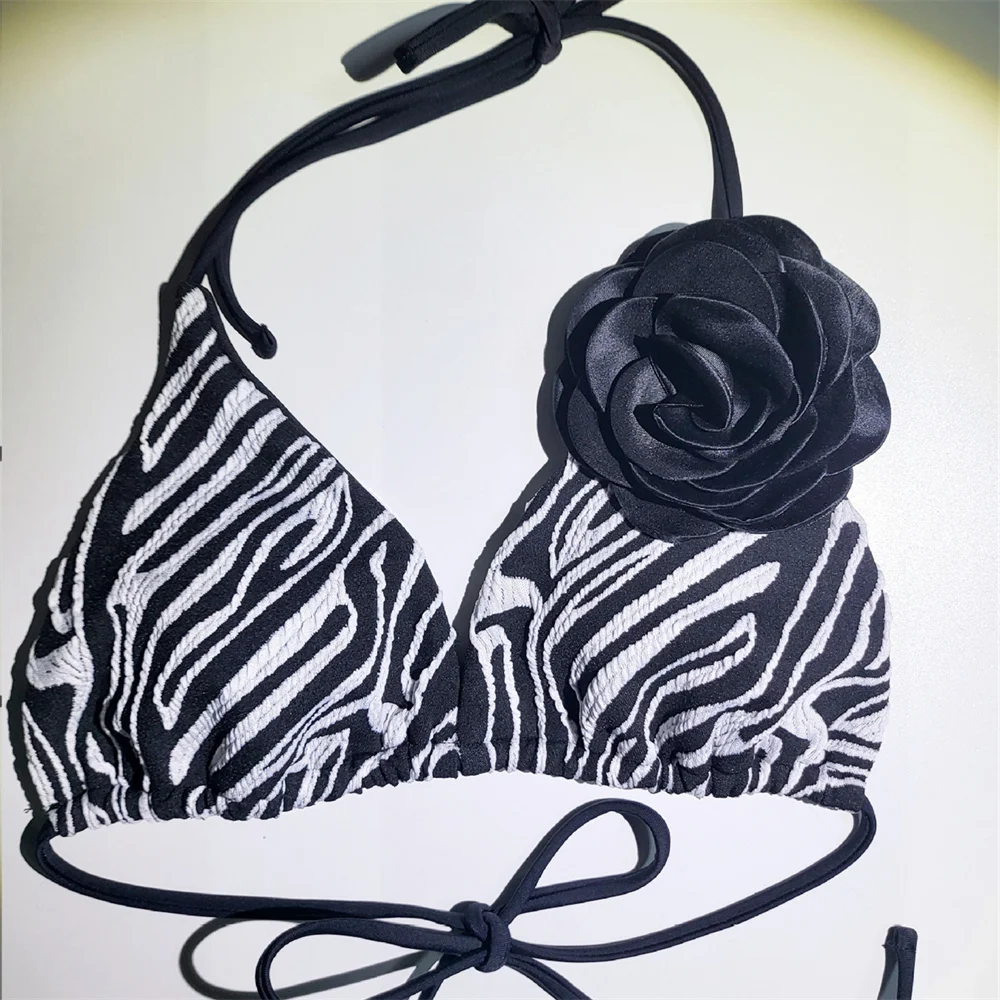 Black Flowers 3D Bikini Extreme String Bikinis Jacquard Swimsuit Lace Up Backless Swimwear Trend Women Brazil Beach Bathing Suit