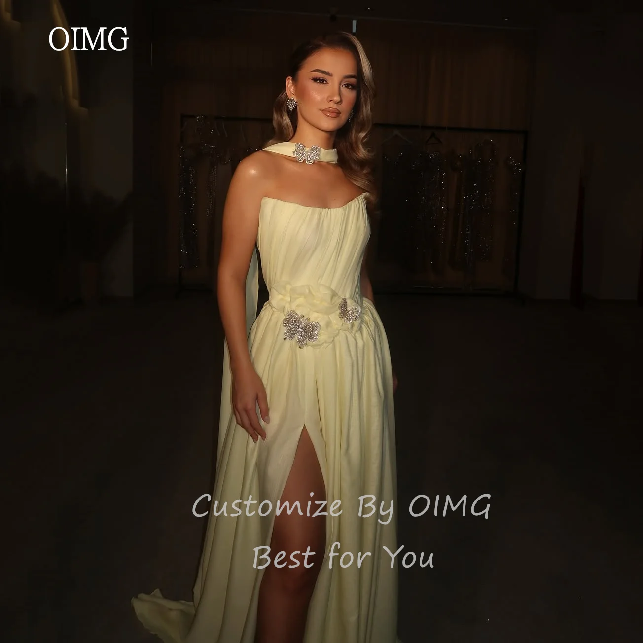 

OIMG Glamorous Yellow Strapless A-line Prom Gowns Backless Pleated Party Gown Side Slit Long Evening Dress 2025 Customized