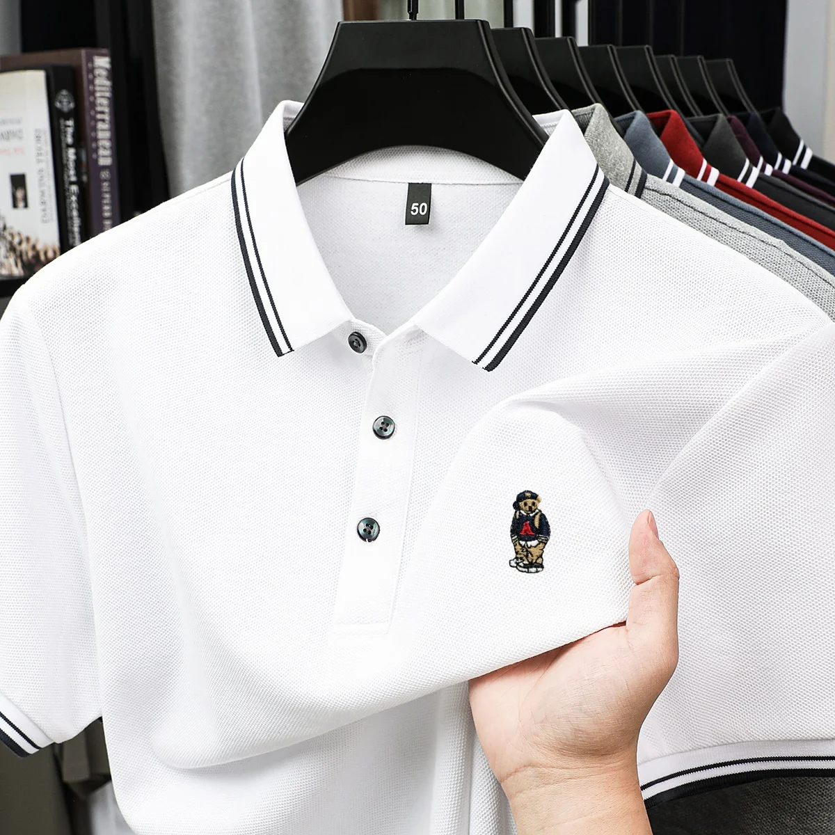

100% cotton short sleeve summer men comfortable casual lapel T-shirt fashionable high-end brand teddy bear embroidery polo shirt