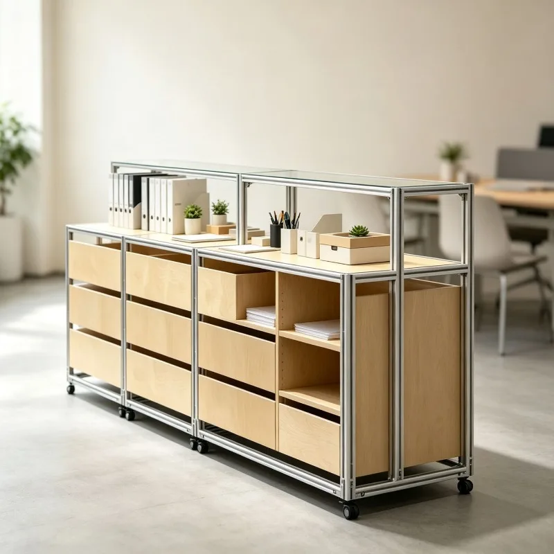 Industrial modular office file low cabinet, aluminum profile frame with wheel glass display, multi-drawer storage cabinet