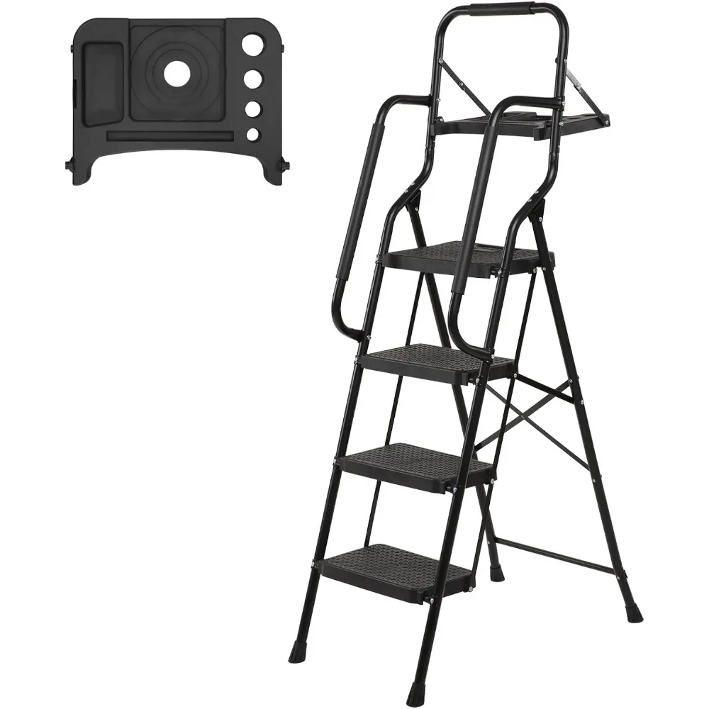 

4-ступенчатая стремянка WiberWi с поручнями, складной табурет-стремянка с формой инструмента, вместимость 330 фунтов, стремянки для взрослых, лестница