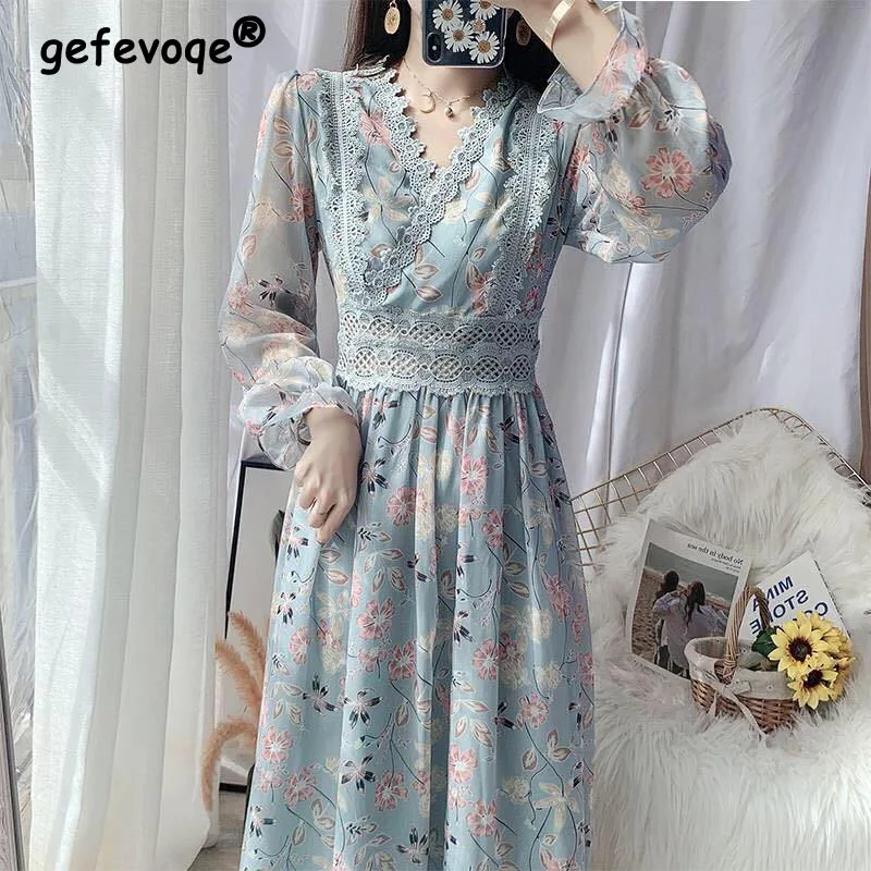 

Korean Style 2022 Chic Lace V-neck Elegant Sweet Dress Women Long Sleeve Chiffon Party Beach Floral Midi Dress for Female Summer