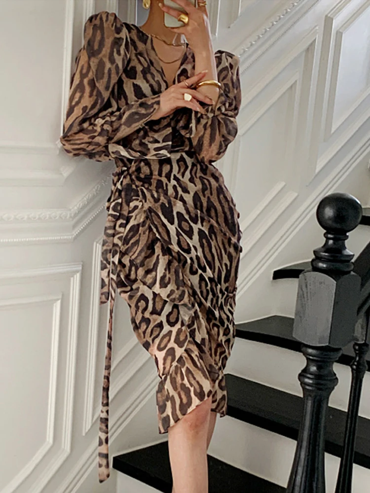 Vestido feminino sexy com decote em v com estampa leopardo para mulheres, vestido casual com renda, vestido feminino de manga longa, vestido