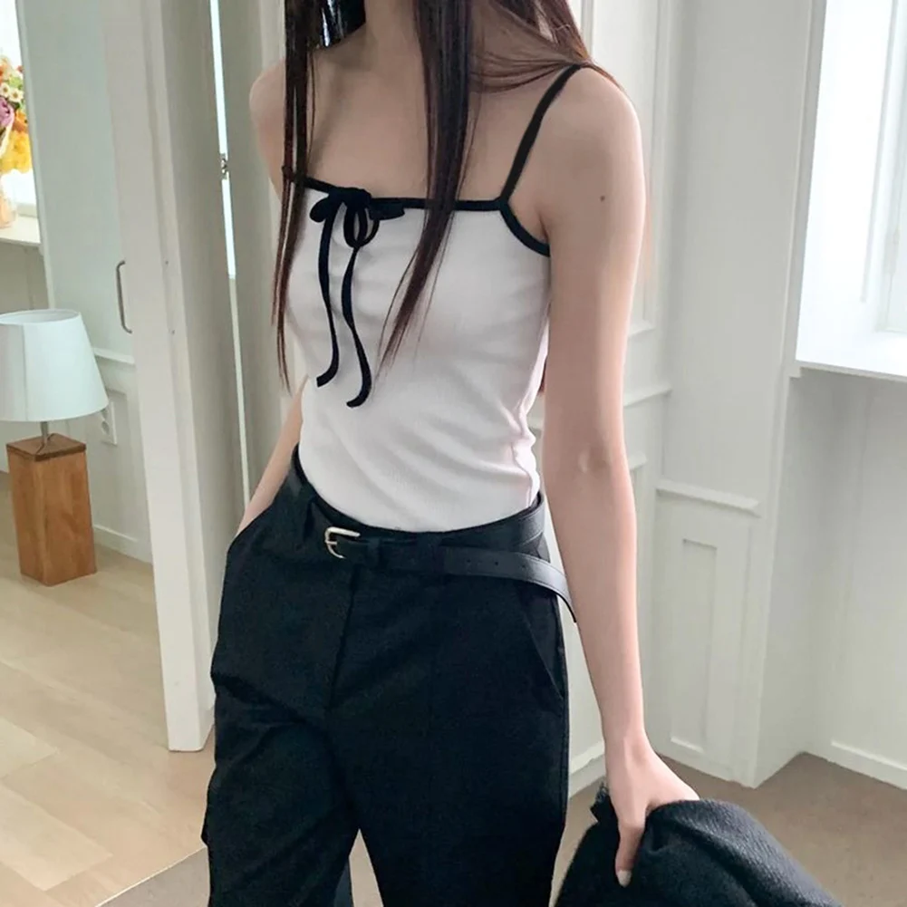 Lace Up Sleeveless Contrasting Color Top Party Wear Casual Outing Applicable For Vacation Fashionable Design Moderate Elasticity