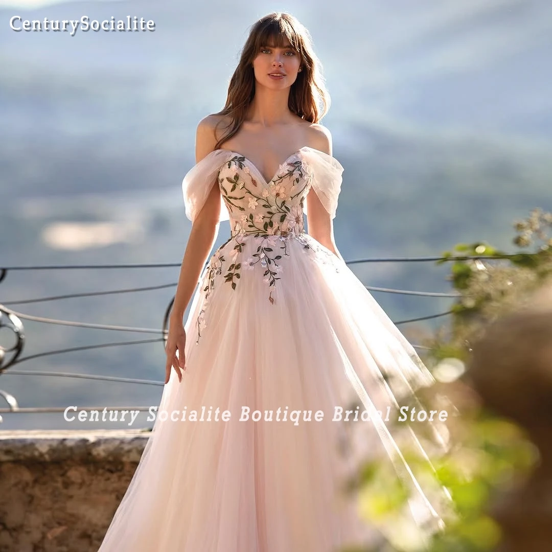 Vestido de novia caprichoso, Apliques de encaje Floral, corte en A, hombros descubiertos, vestidos de novia florales, mangas de novia, bata de novia personalizada