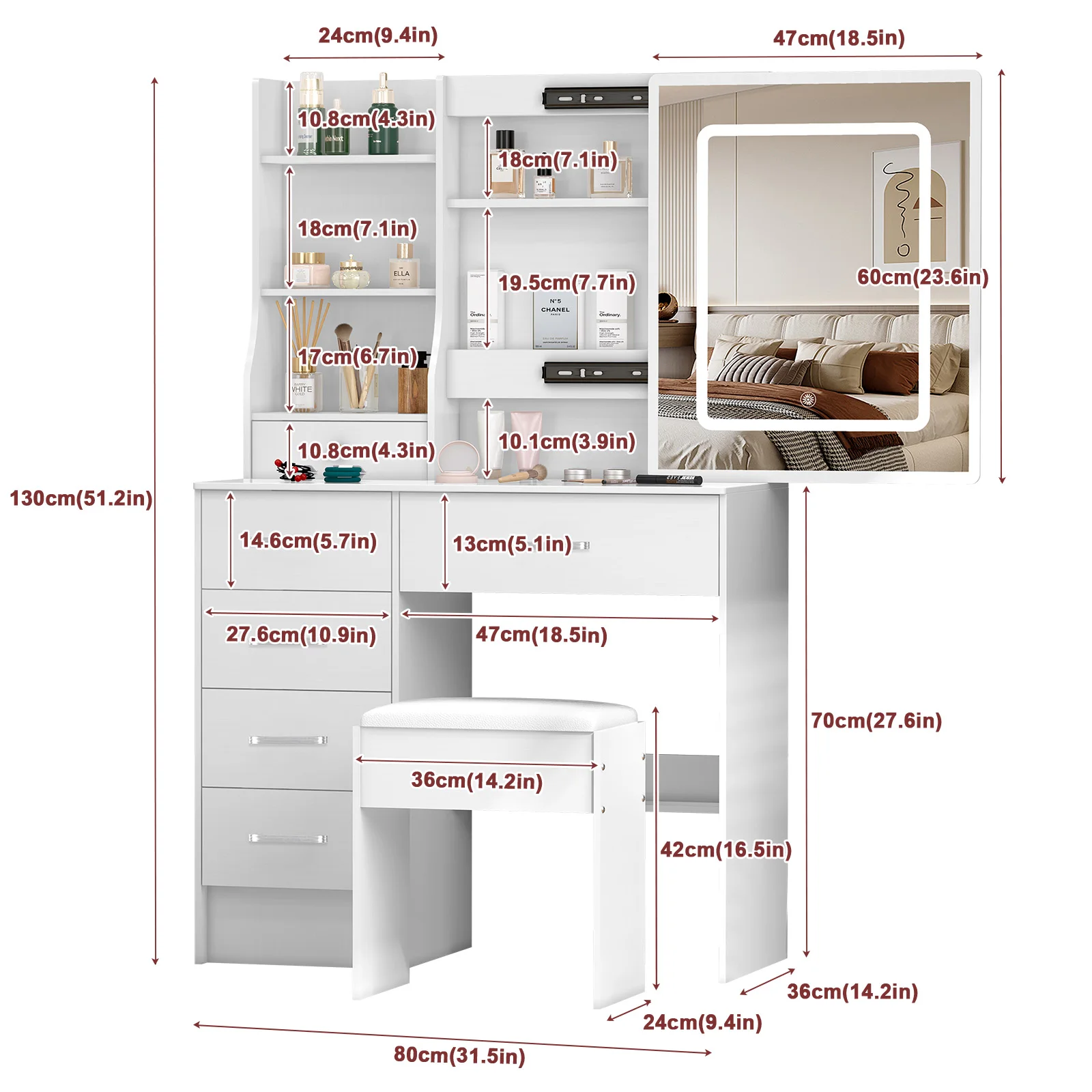 مجموعة مكونة من 10 مرآة LED لطاولة مكياج مع مقعد و5 أدراج #6