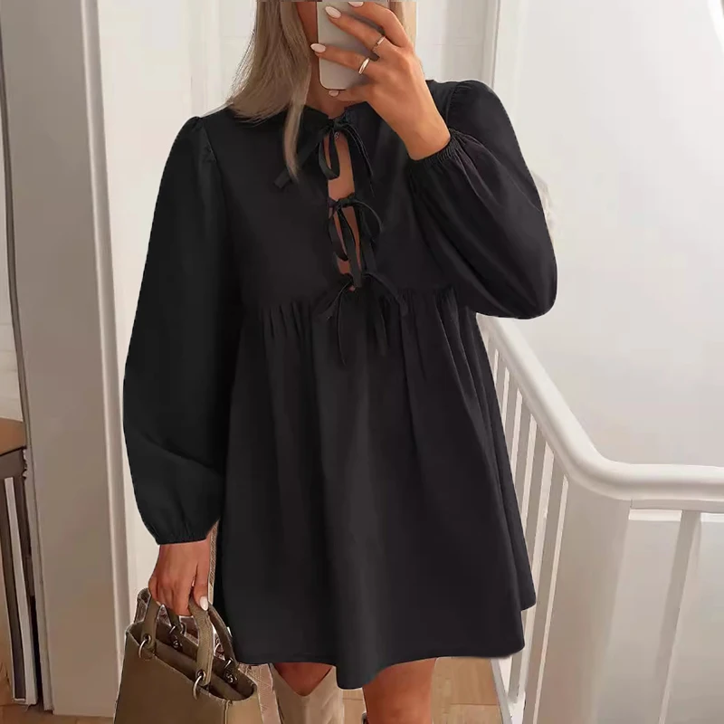 Elegant Women Shirt Dress Bow Hollow Out Long Sleeve Blue Dress Women Vacation Dresses Female Mini Dress Sweet Short Robe