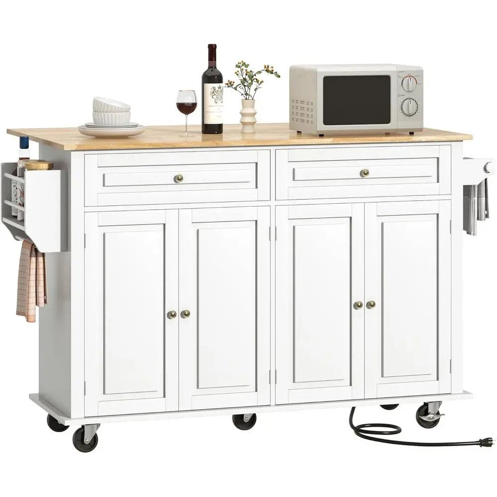 جزيرة مطبخ متنقلة مقاس 59.1 بوصة مع أوراق شجر متدلية ومخرج طاقة وخزانة تخزين وأدراج ورف توابل وبار المناشف وخطاف جراج i #1