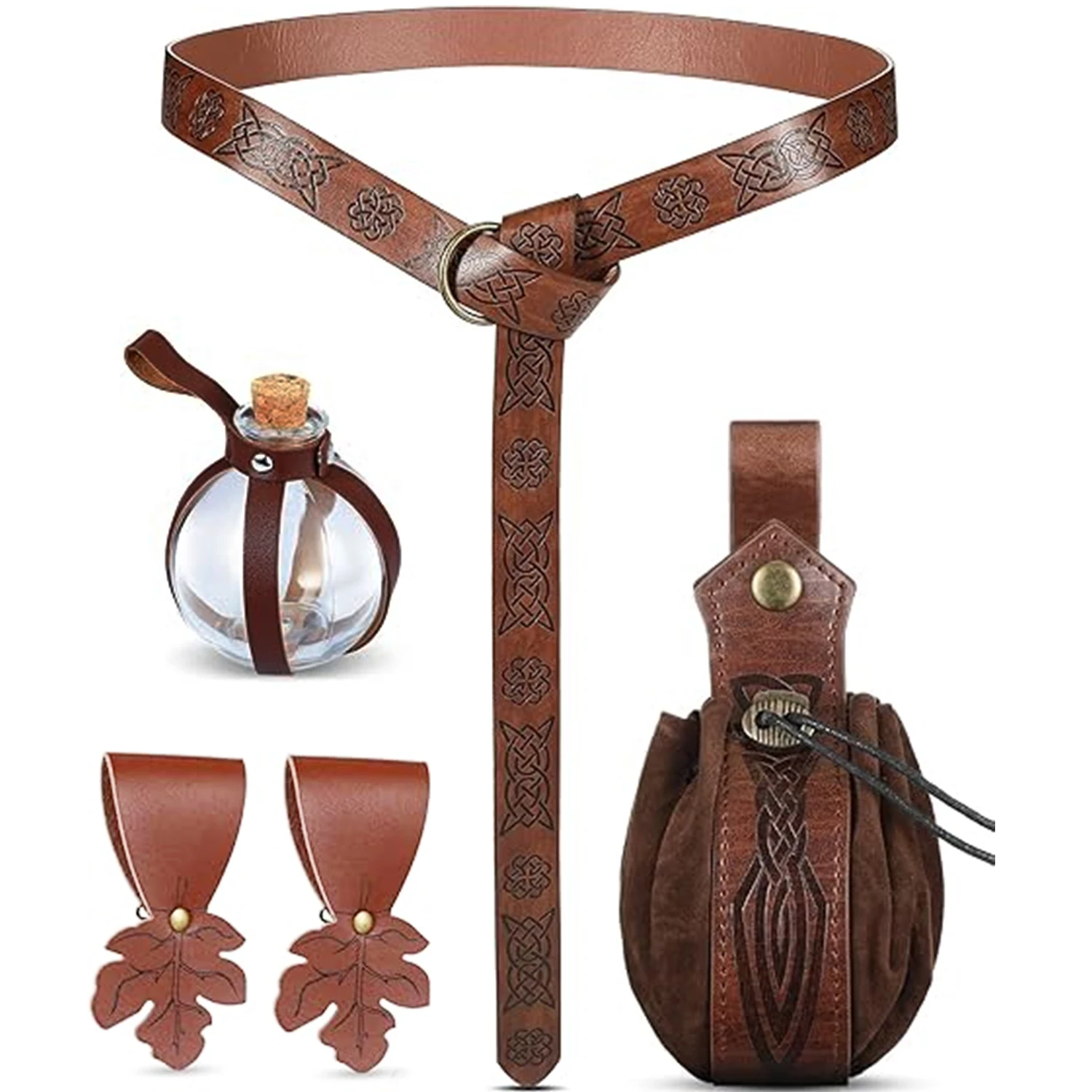 Renaissance Accessories 6 Pack Medieval Pirate PU Leather Belt Bag Cork Potion Bottle Belt Halloween Cosplay Costume