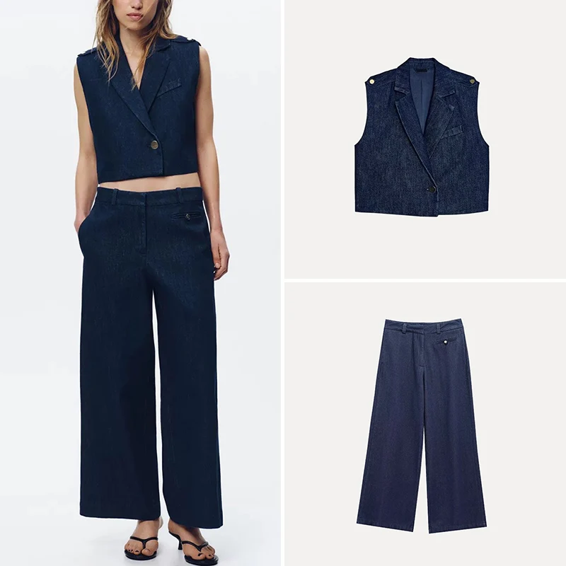 

Spring 2025 Women's Denim Vest Collared Jaet Wide Leg Jeans Faion Set Polyester Fiber Z Brand